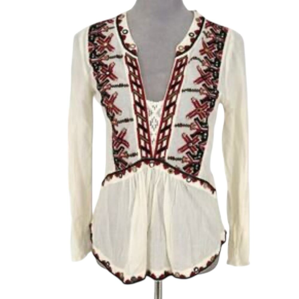 Anthropologie Akemi Kin Peasant Embroidered Top Cream Mesh Boho Blouse Small - Picture 4 of 10